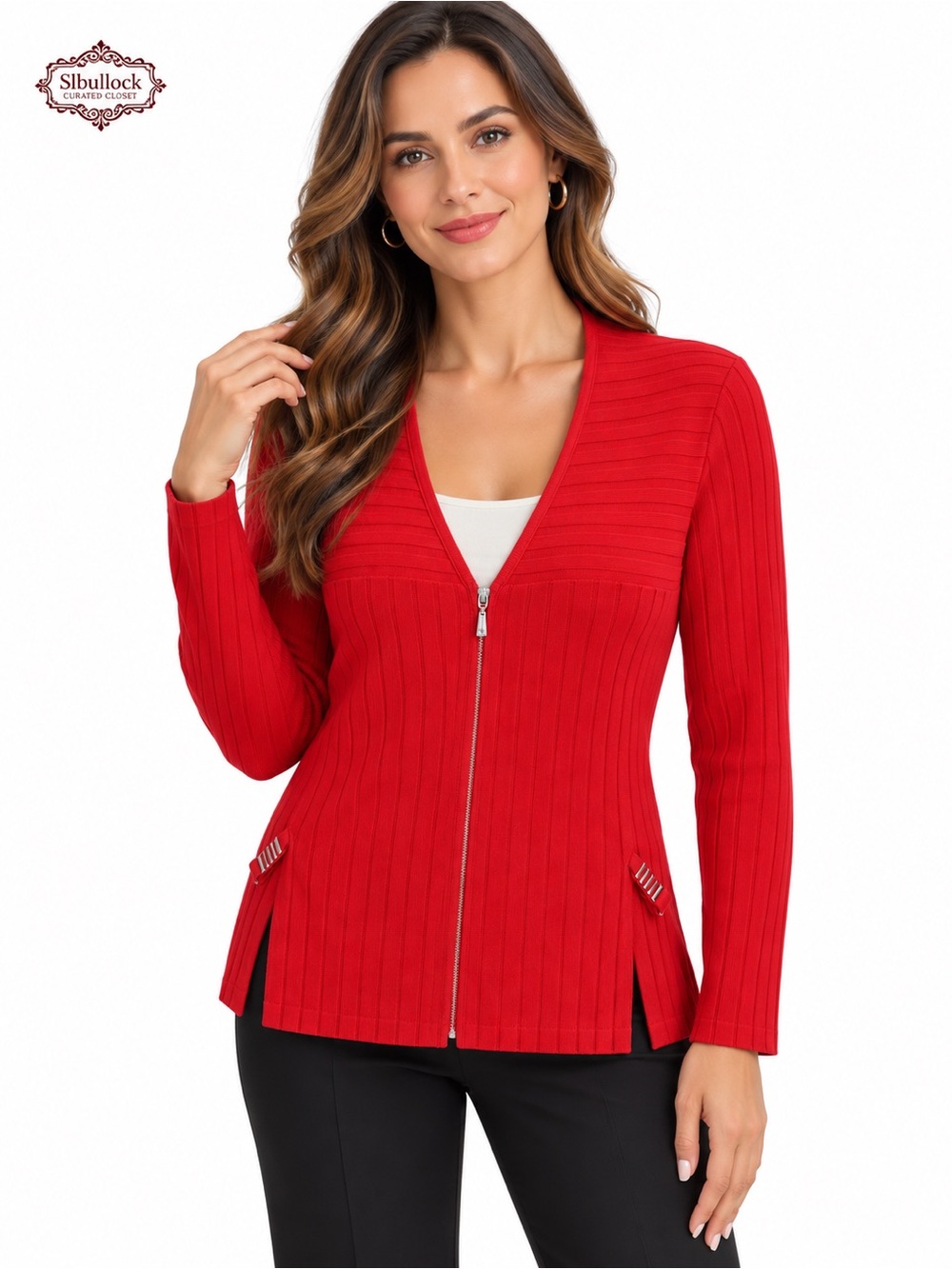 K16 Per Se by Carlisle Lightweight Red Ribbed Zip Cardigan Size Medium NWT